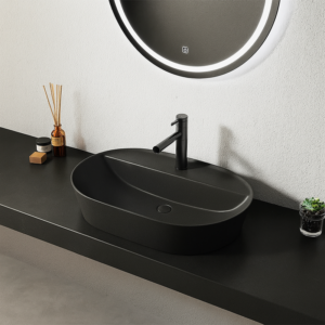 Umywalka nablatowa owalna 60 cm – ceramiczna, czarna, z otworem