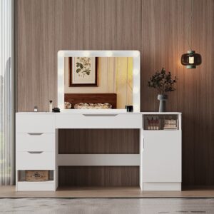 Toaletka kosmetyczna biała z lustrem LED z szufladami duża do makijażu loft